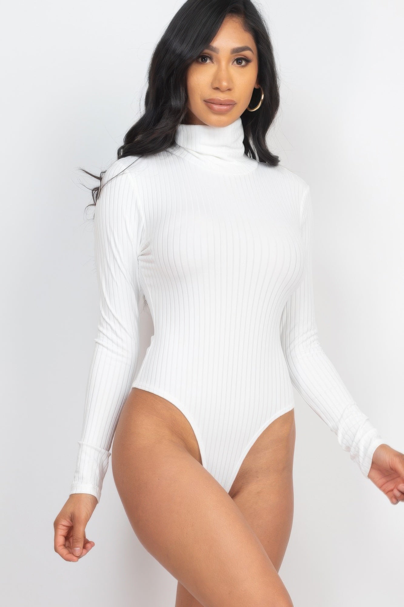 Black Golden Heir sculpted ribbed turtleneck long sleeve bodysuit shown on a model.