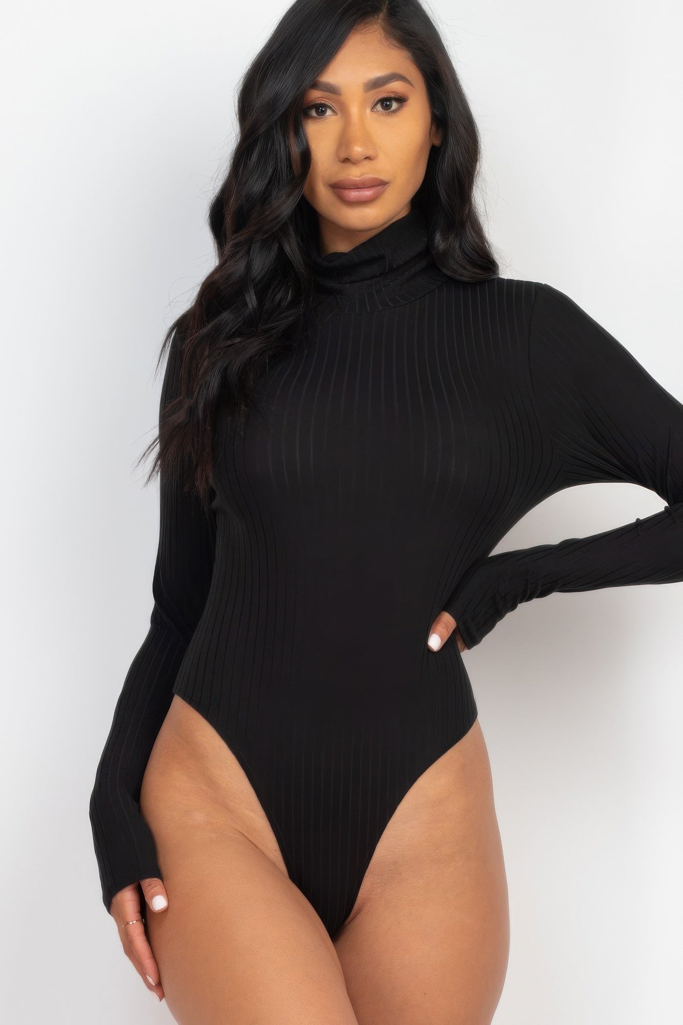 Black Golden Heir sculpted ribbed turtleneck long sleeve bodysuit displayed on a model.
