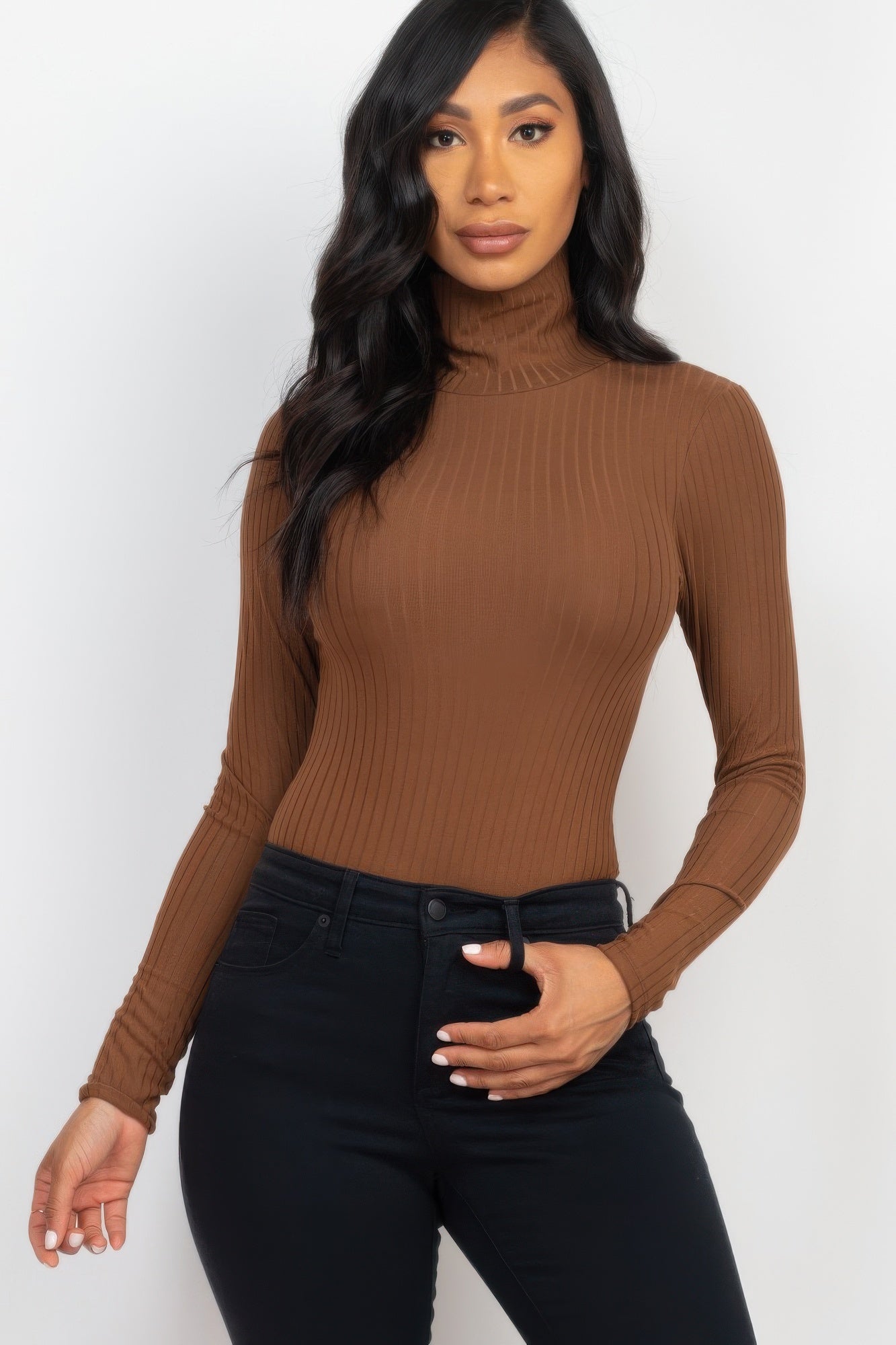 Black Golden Heir sculpted ribbed turtleneck bodysuit with long sleeves, fitted design, and high neckline.