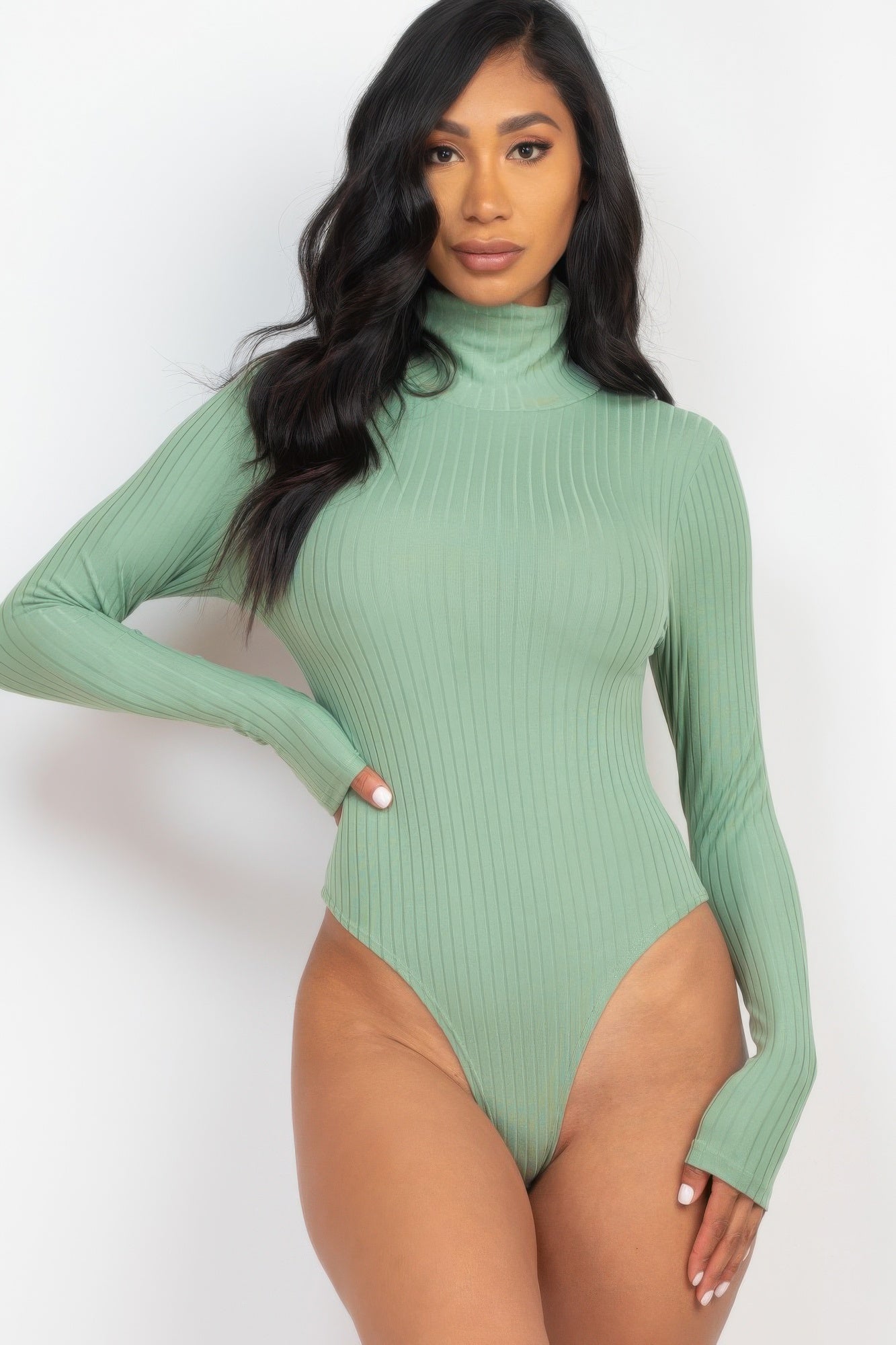 Black Golden Heir sculpted ribbed turtleneck long sleeve bodysuit displayed on a mannequin, showing fitted design and ribbed texture.