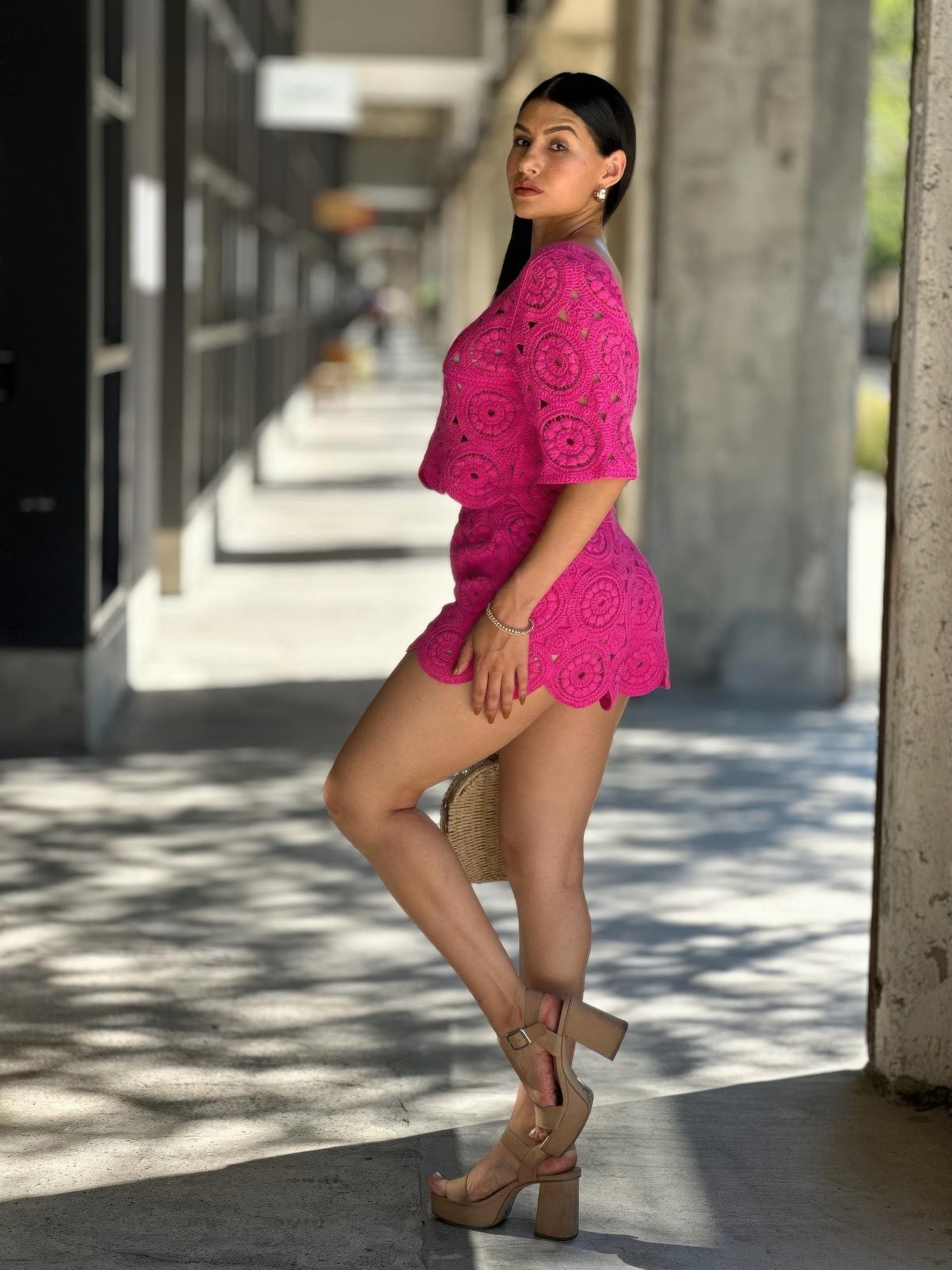 Golden Heir boho crochet lace crop top and shorts set, two-piece with intricate lace details, perfect for casual summer wear.