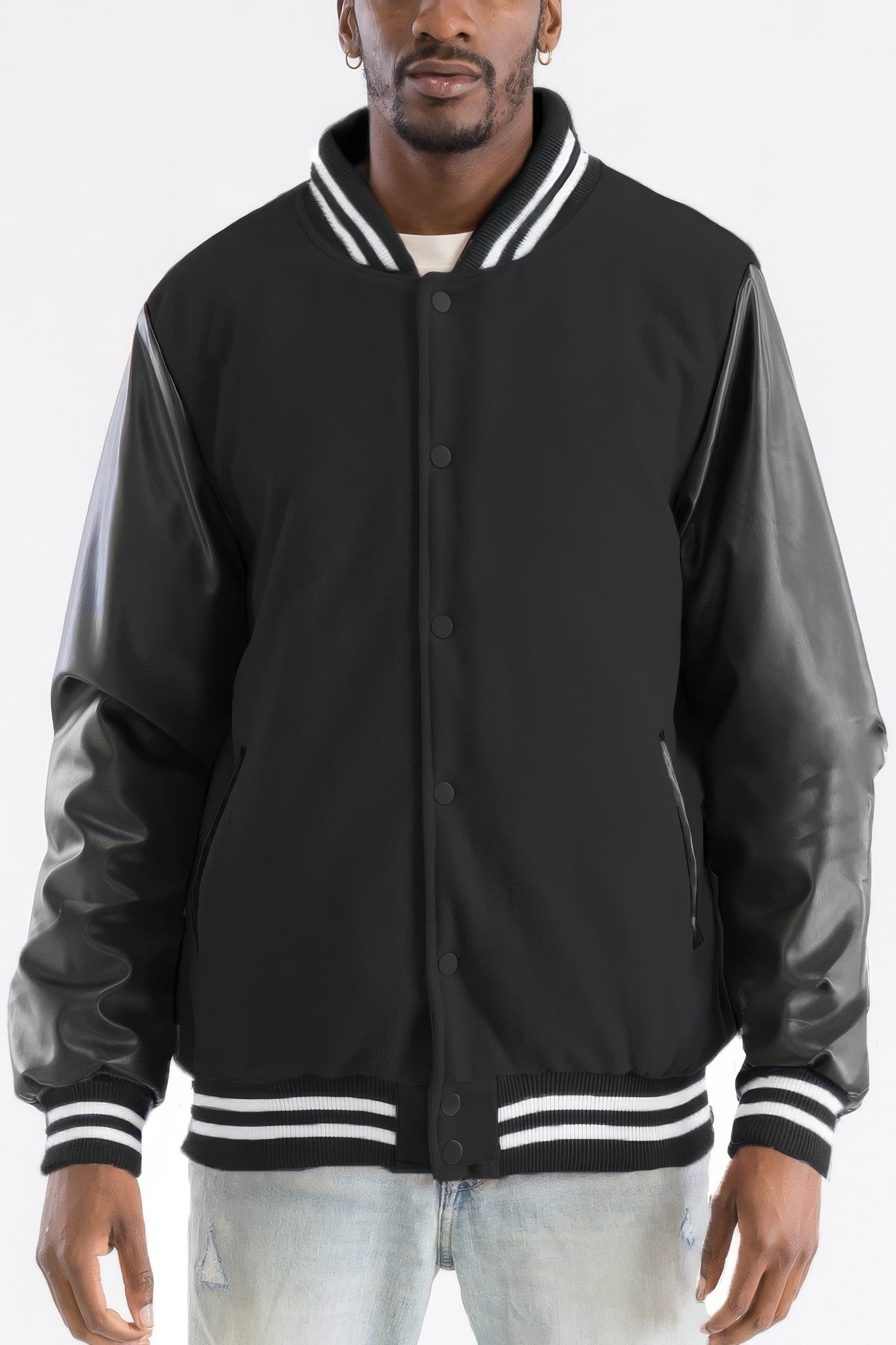 Golden Heir Melton Letterman Varsity Jacket in black with gold accents, featuring ribbed cuffs and a classic varsity style.