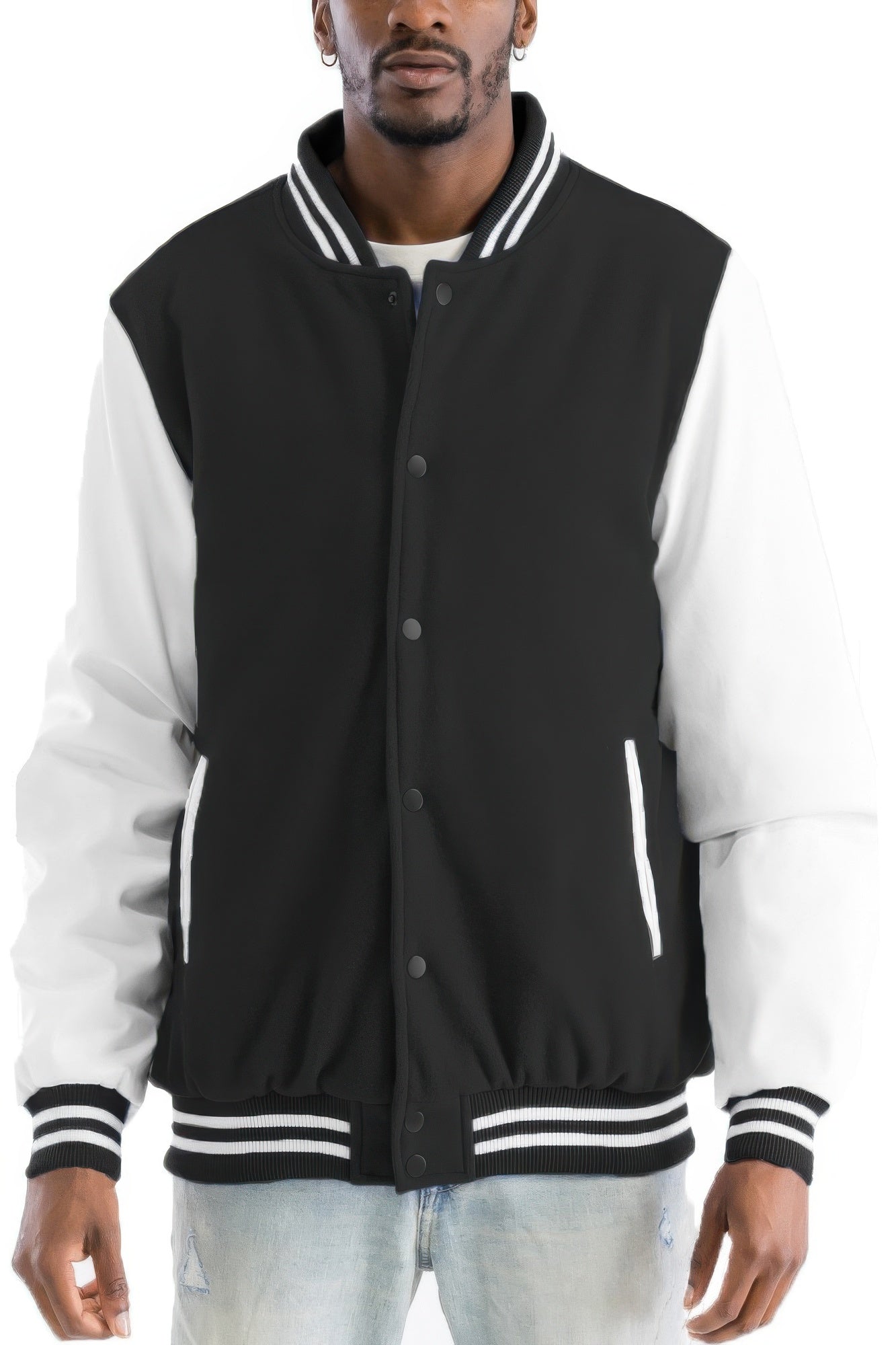Black Golden Heir Melton Letterman Varsity Jacket with gold accents, featuring ribbed cuffs and collar, front buttons, and letter patches.