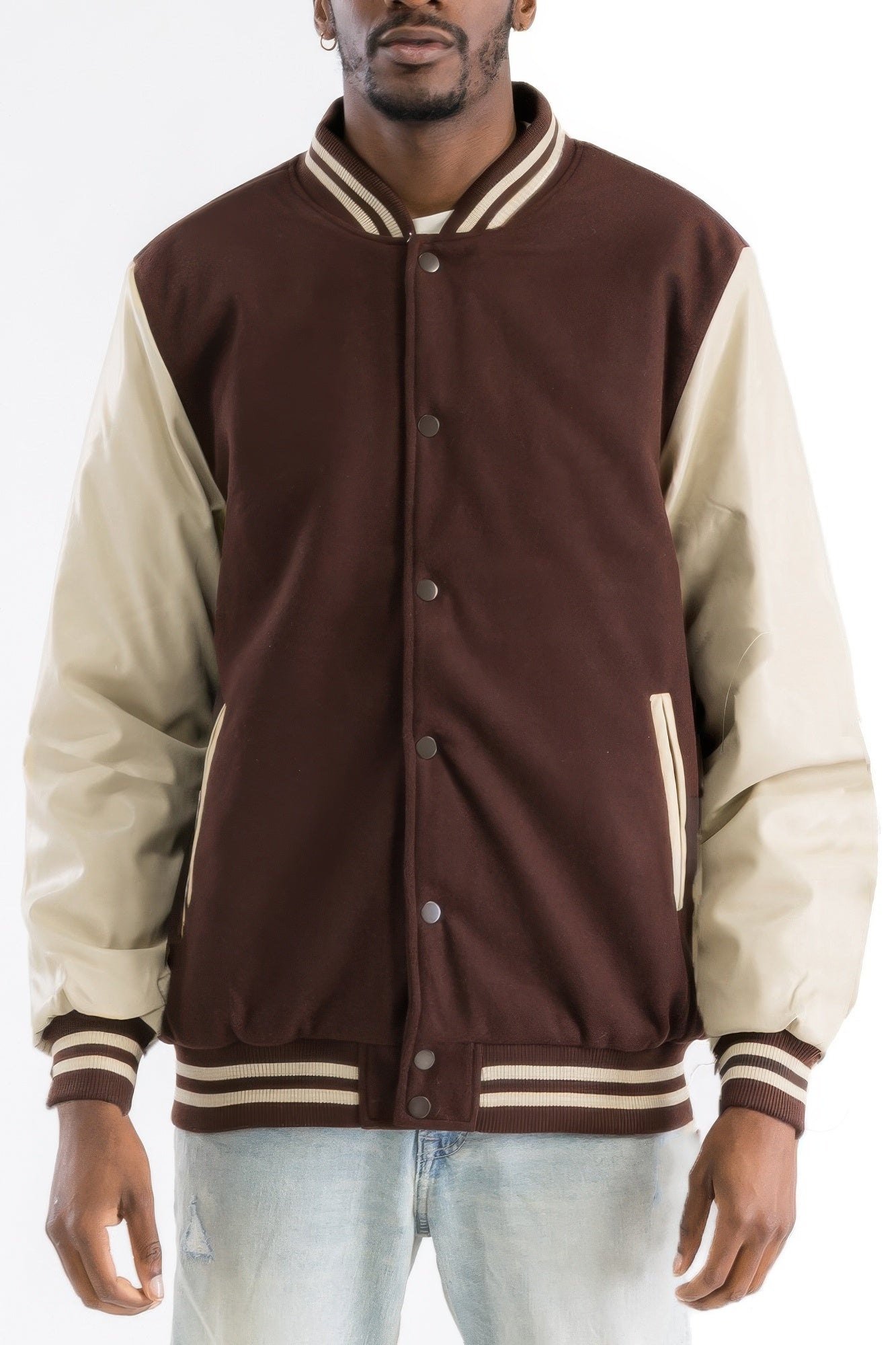 Golden Heir Melton Letterman Varsity Jacket in black with gold accents, featuring classic varsity style and ribbed cuffs.