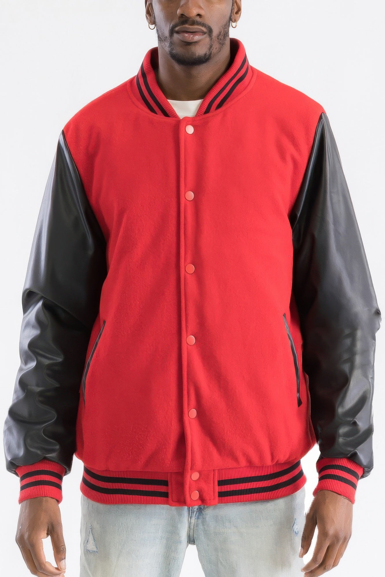 Black Golden Heir Melton Letterman Varsity Jacket with gold embroidery, ribbed cuffs, collar, and button-front closure.