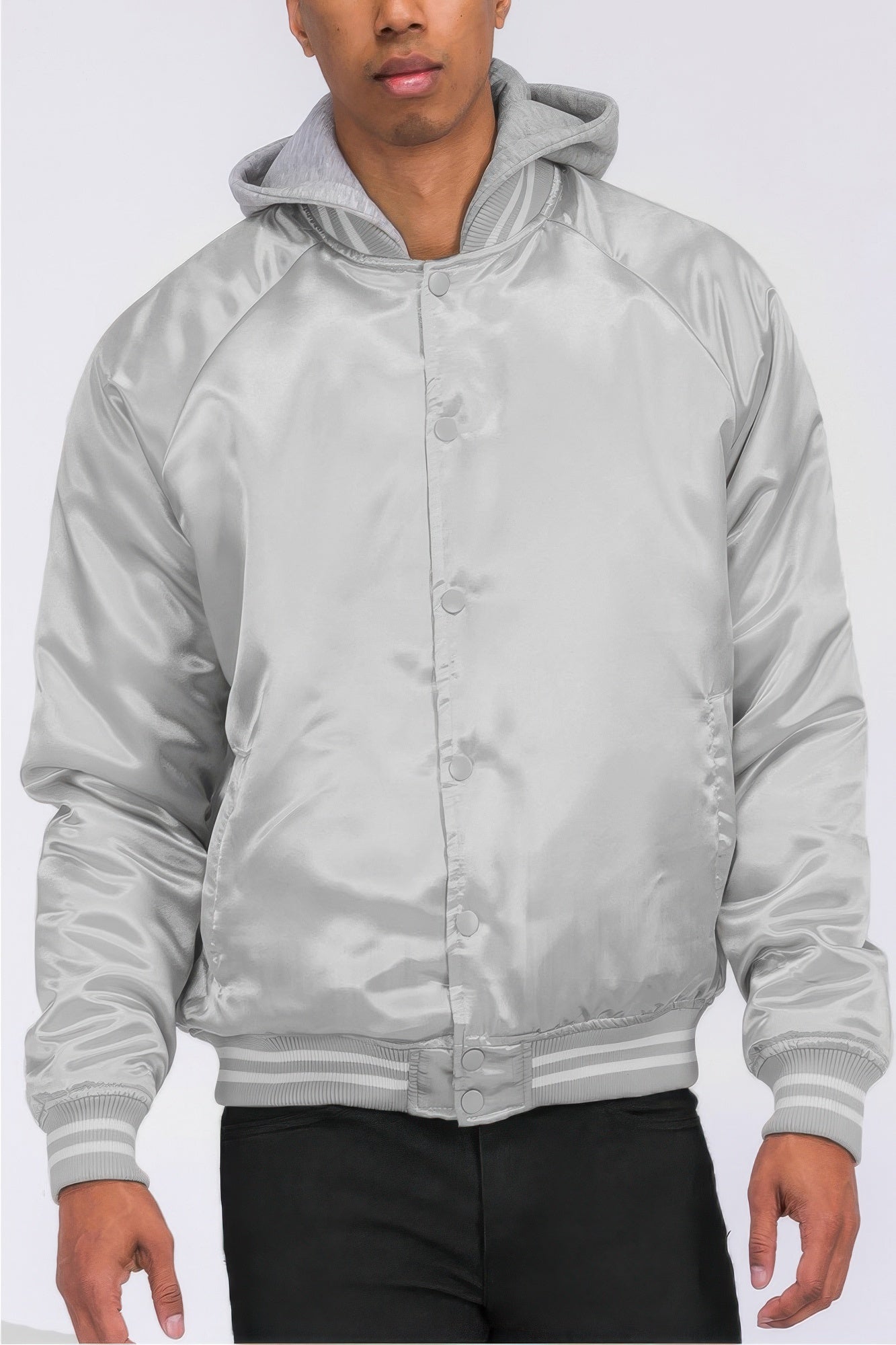 Golden Heir satin varsity bomber jacket in black with gold accents, featuring ribbed cuffs and a classic varsity style.