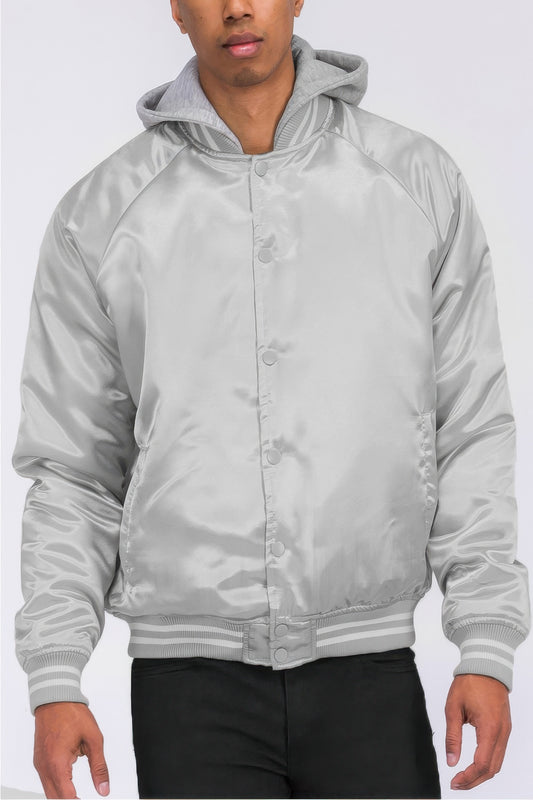 Golden Heir satin varsity bomber jacket in black with gold accents, featuring ribbed cuffs and a classic varsity style.