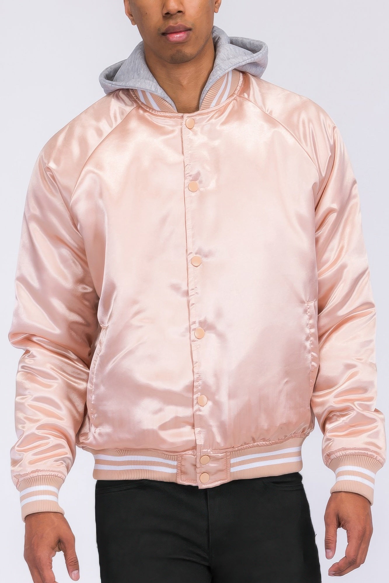 Golden Heir satin varsity bomber jacket in black with gold accents, featuring ribbed cuffs and collar, front button closure.