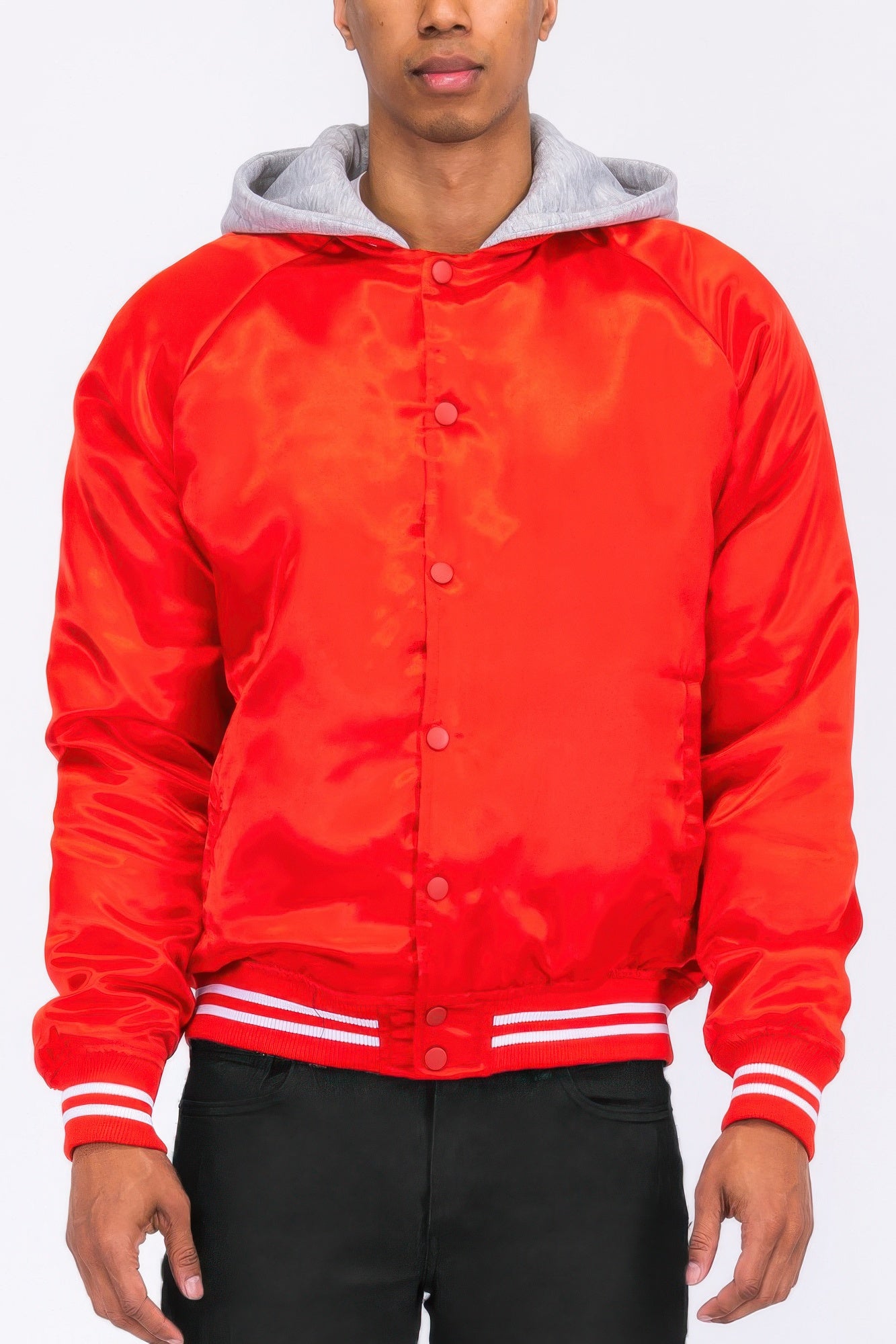 Golden Heir satin varsity bomber jacket in black with gold accents, featuring ribbed cuffs and collar, stylish and comfortable.