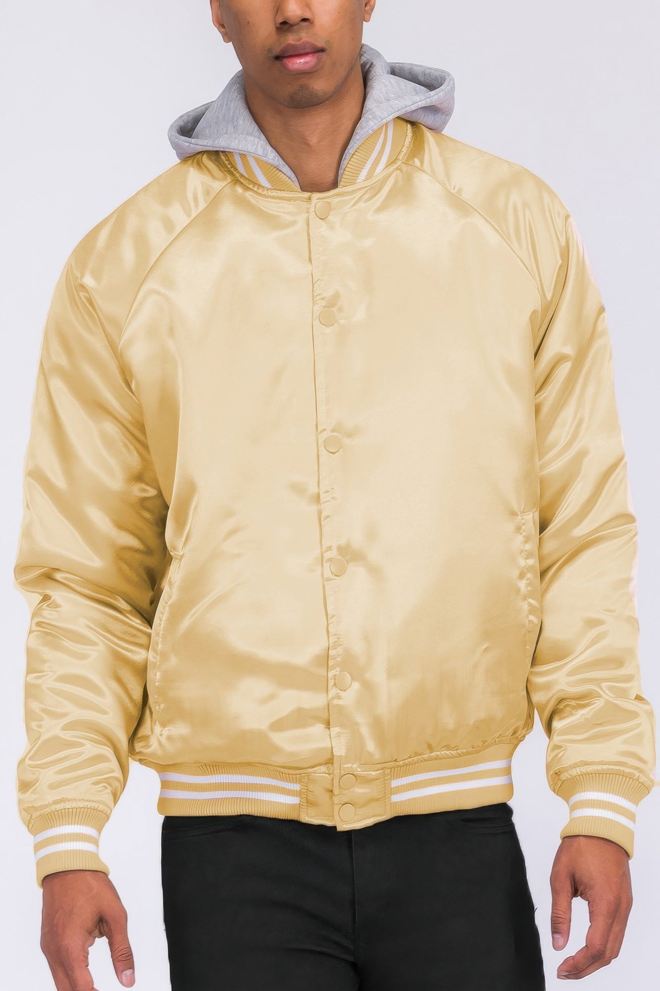 Golden Heir satin varsity bomber jacket in black with gold accents, featuring ribbed cuffs and collar, stylish and sporty.