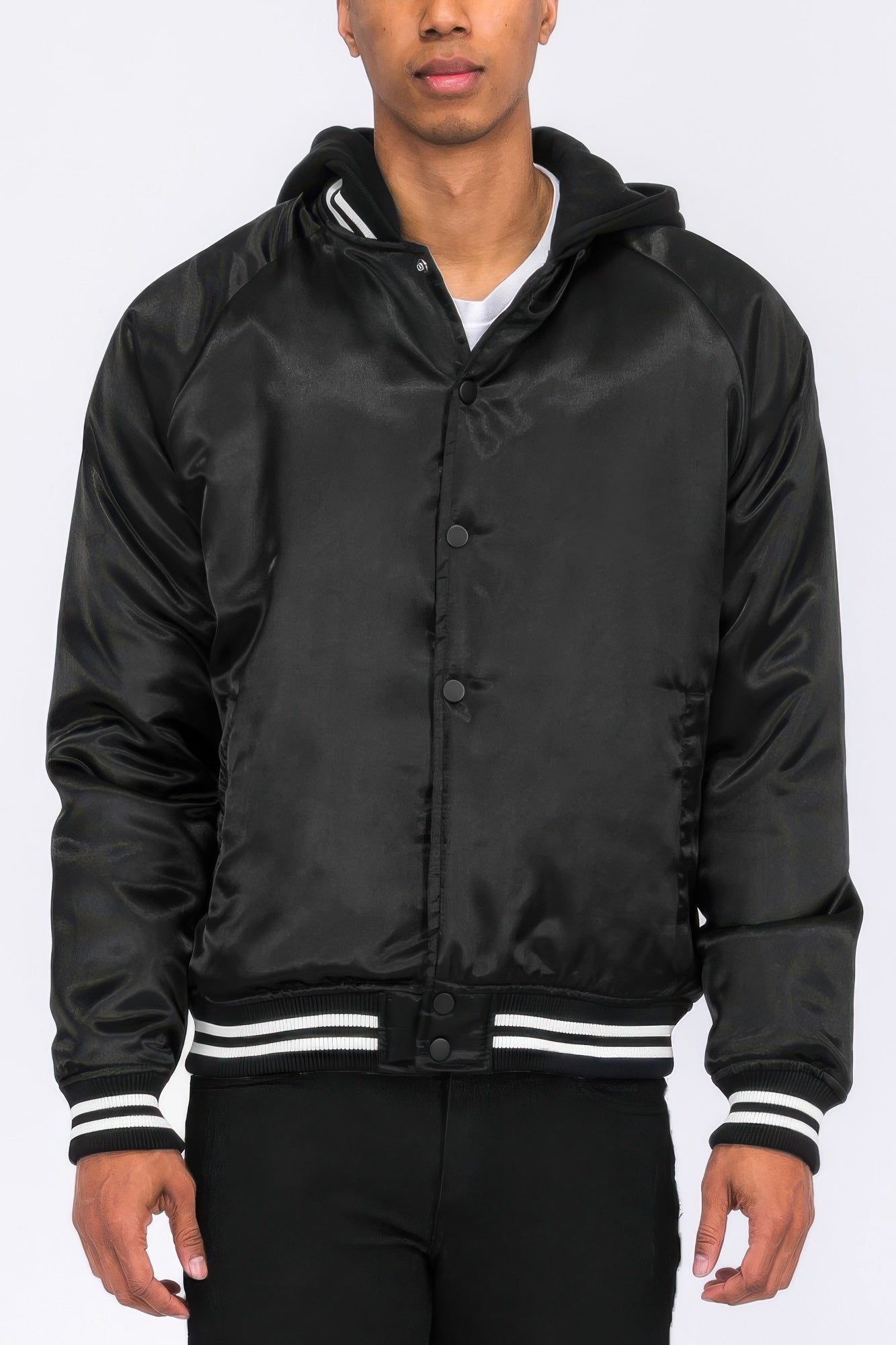 Golden Heir satin varsity bomber jacket in black with gold accents, featuring ribbed cuffs and collar, stylish and comfortable.
