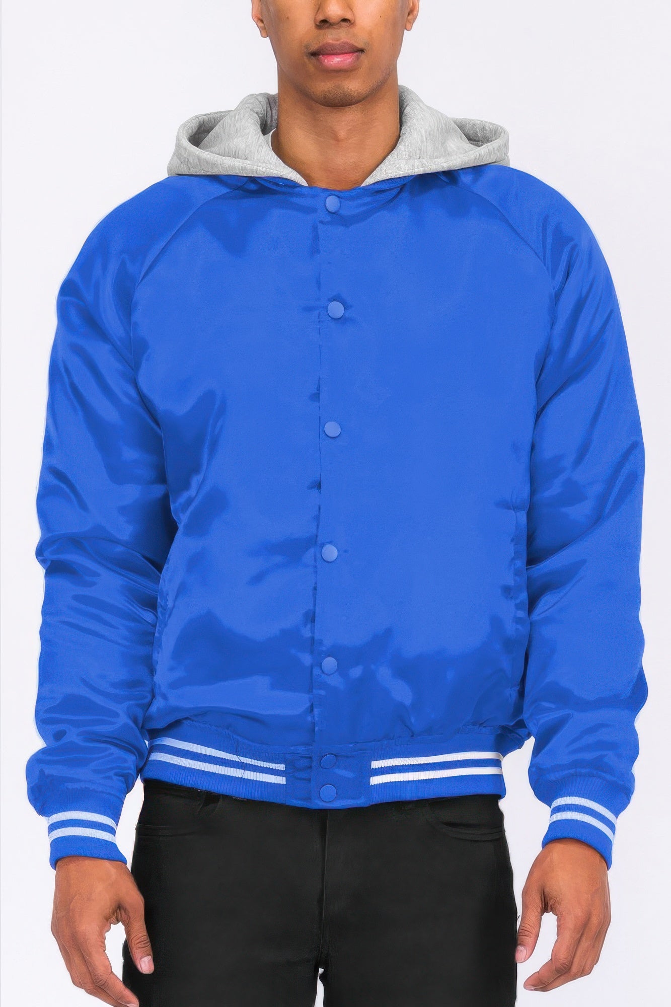 Golden Heir satin varsity bomber jacket in black with golden accents, showcasing a stylish and sporty design.