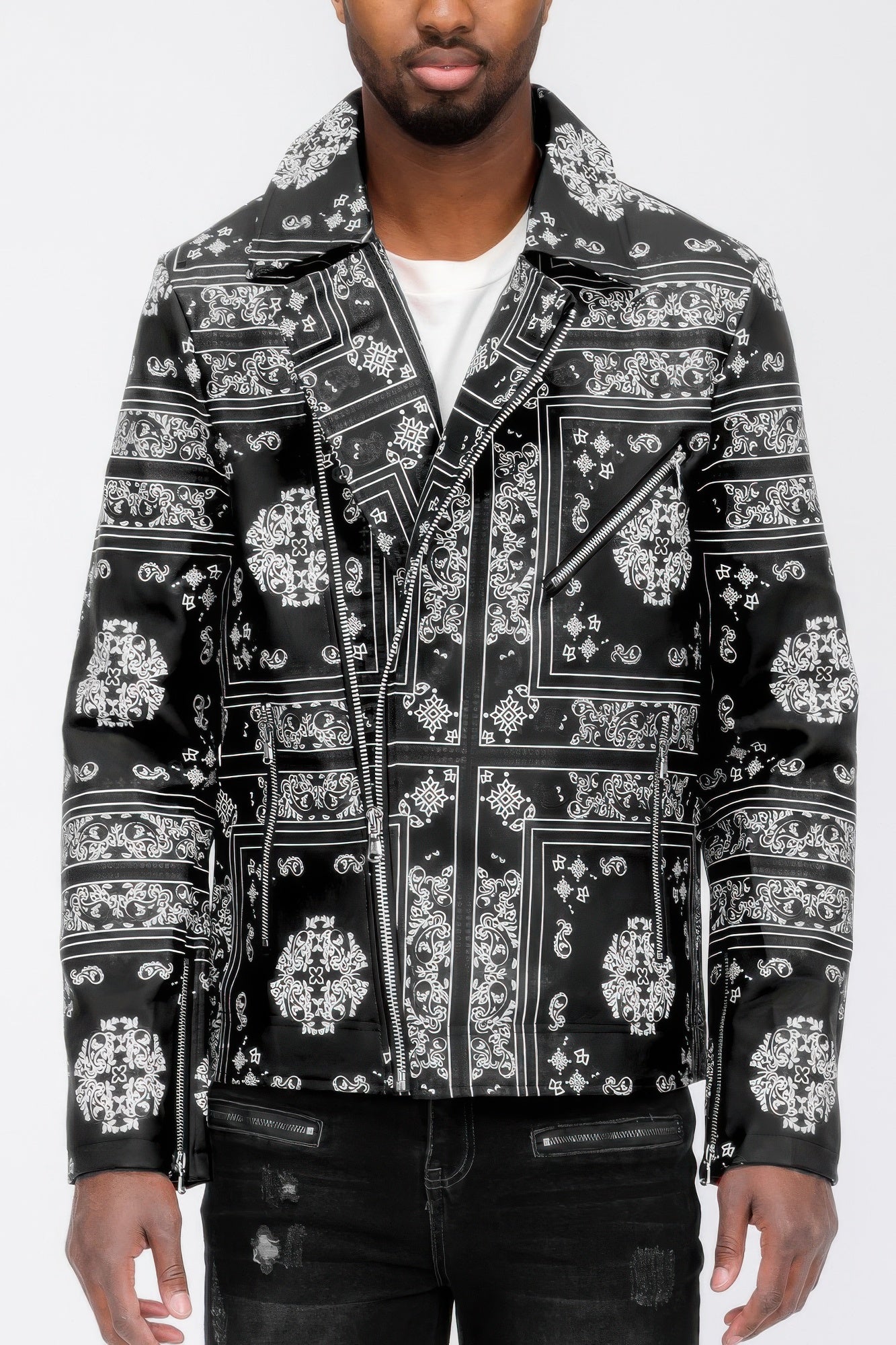 Golden Heir bandana print vegan leather jacket in black, featuring a stylish design and fitted silhouette.