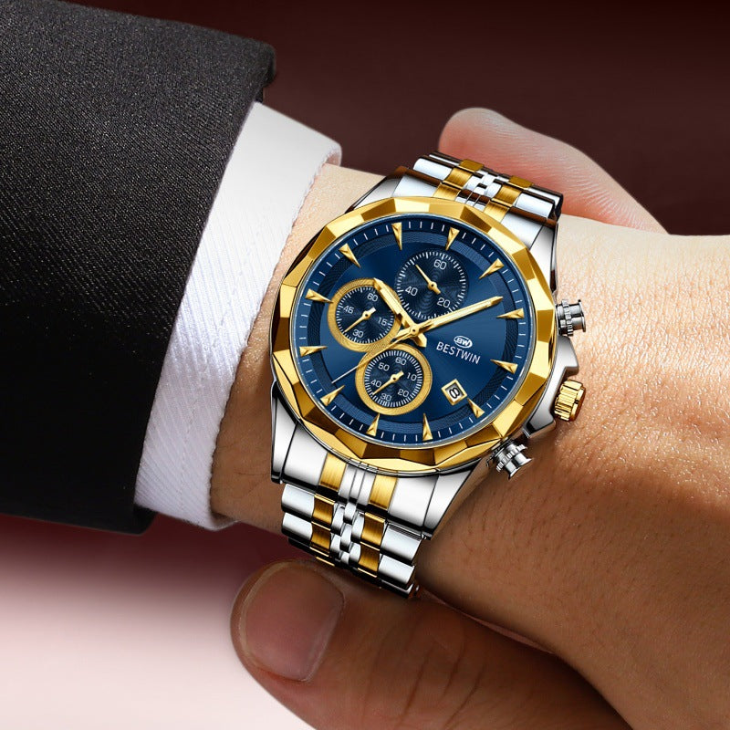 Golden Heir men's luminous six-hand personalized watch with a stylish black shell design and eye-catching appearance.