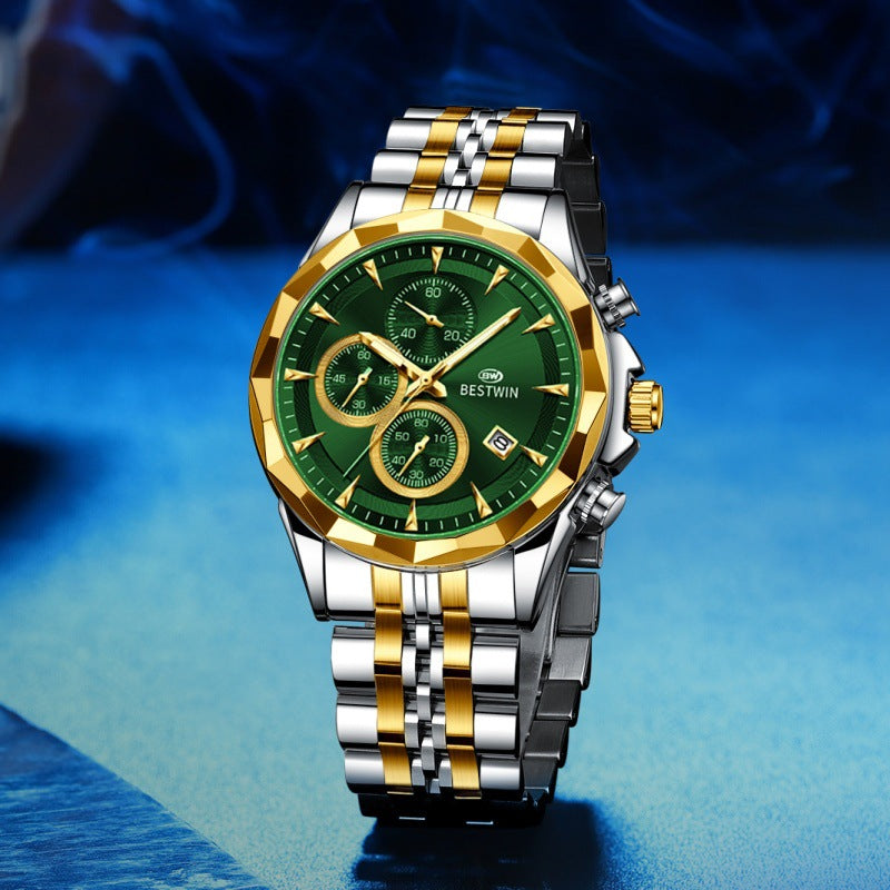 Golden Heir men's luminous six-hand personalized watch with a black shell dial, stylish and eye-catching design.