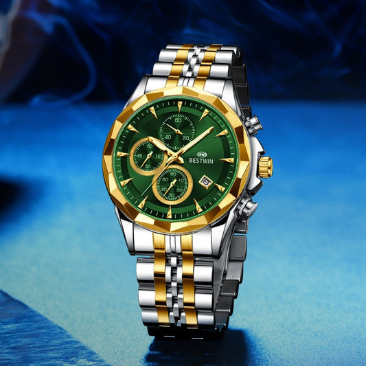 Golden Heir men's luminous six-hand personalized watch with a black shell dial, stylish and eye-catching design.