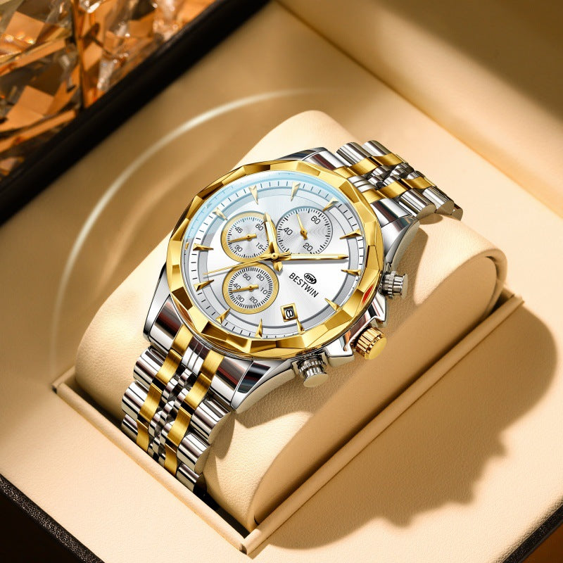 Golden Heir men's luminous six-hand personalized watch with a black shell dial, stylish and eye-catching for elegant wear.