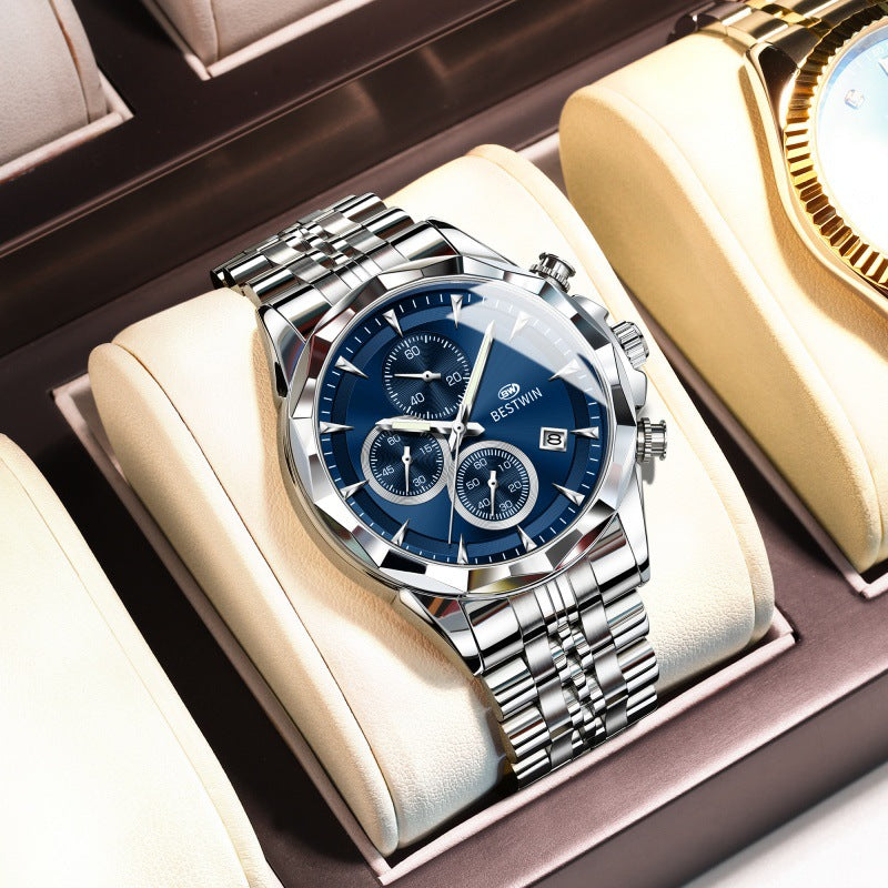 Golden Heir men's luminous six-hand personalized watch with a sleek black shell design, stylish and eye-catching for modern wear.