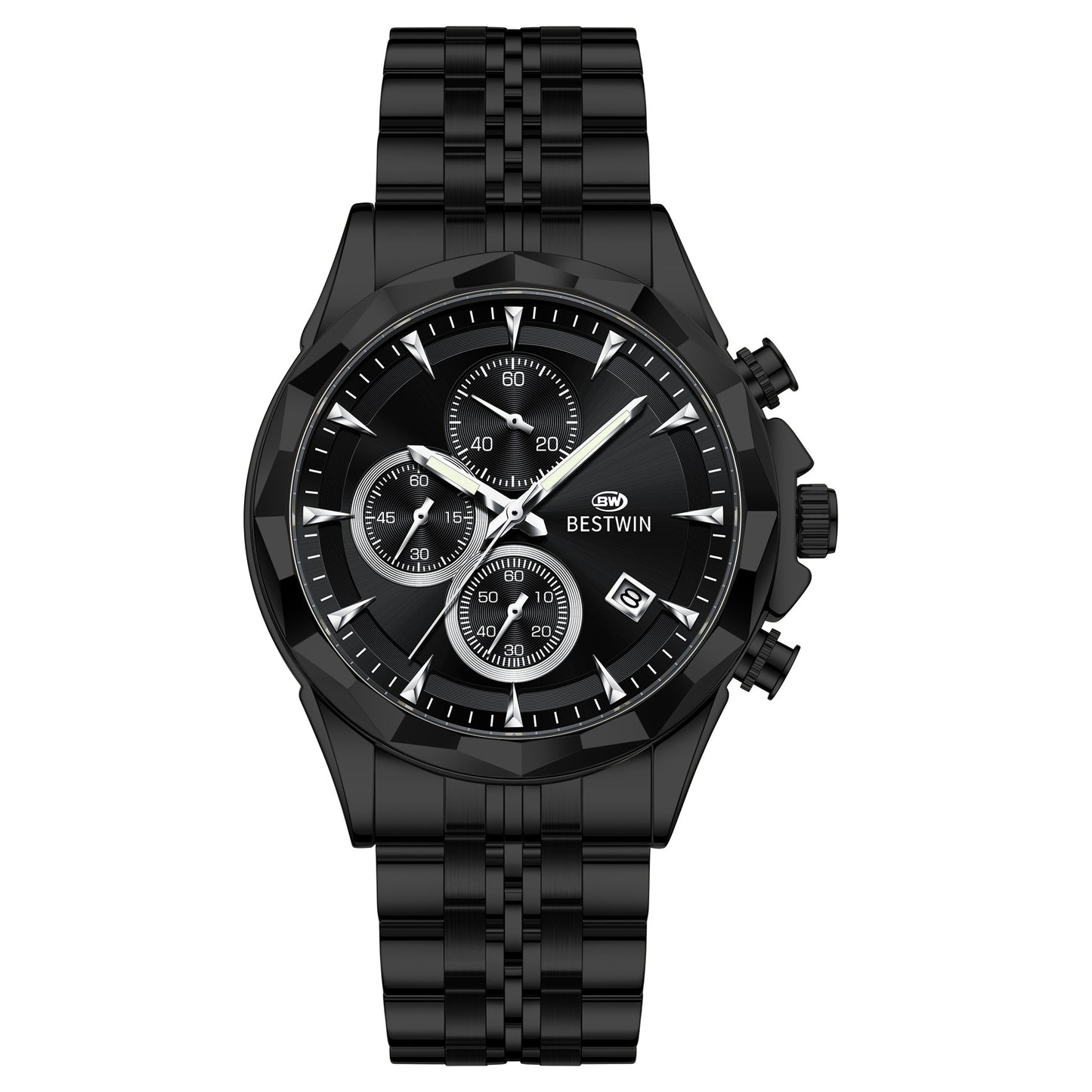 Golden Heir men's luminous six-hand personalized watch with a stylish black shell design, featuring eye-catching details.