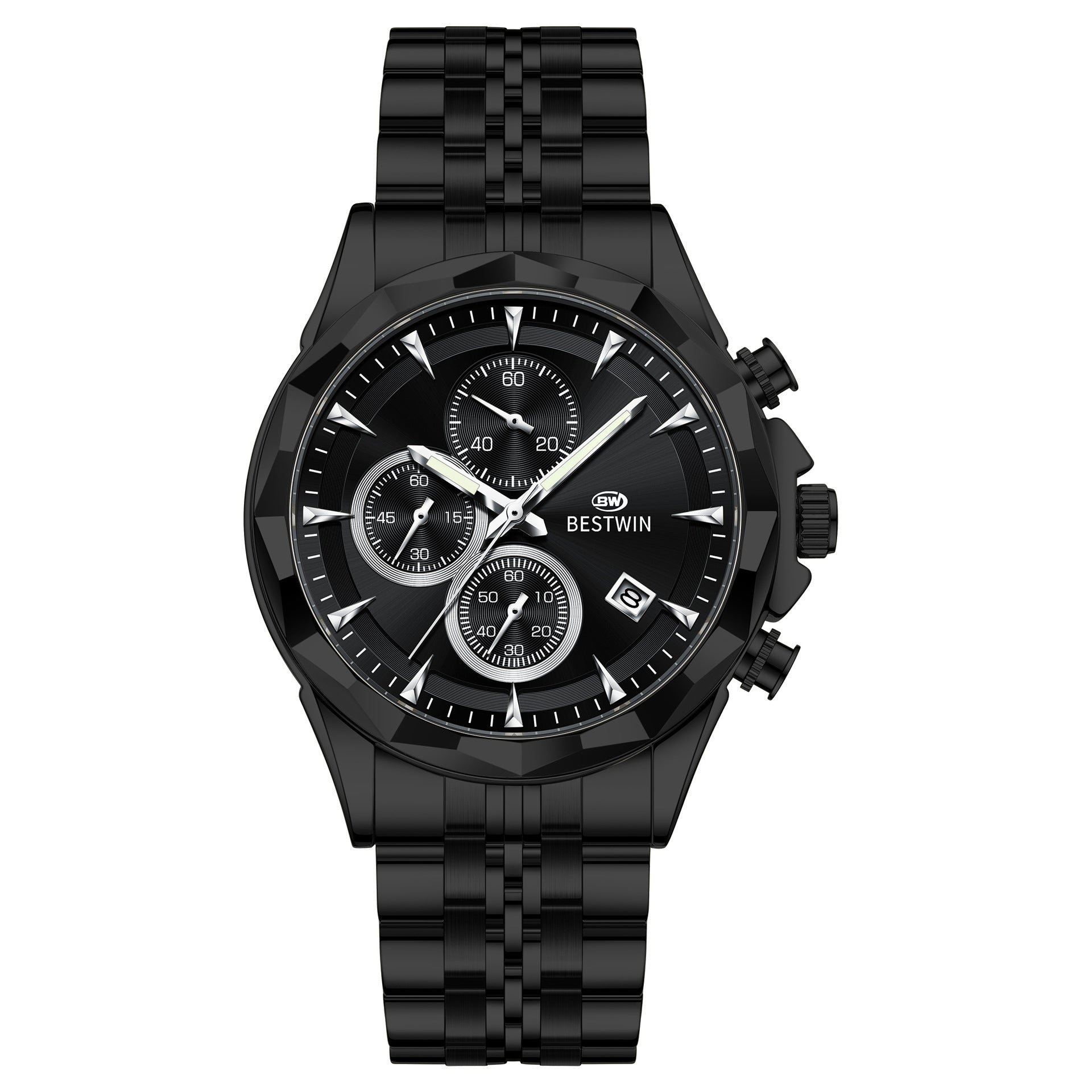 Golden Heir men's luminous six-hand personalized watch with a stylish black shell design, featuring eye-catching details.