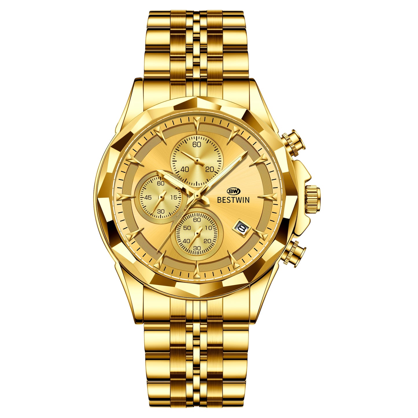 Golden Heir men's luminous six-hand personalized watch with black shell design, stylish and eye-catching timepiece.