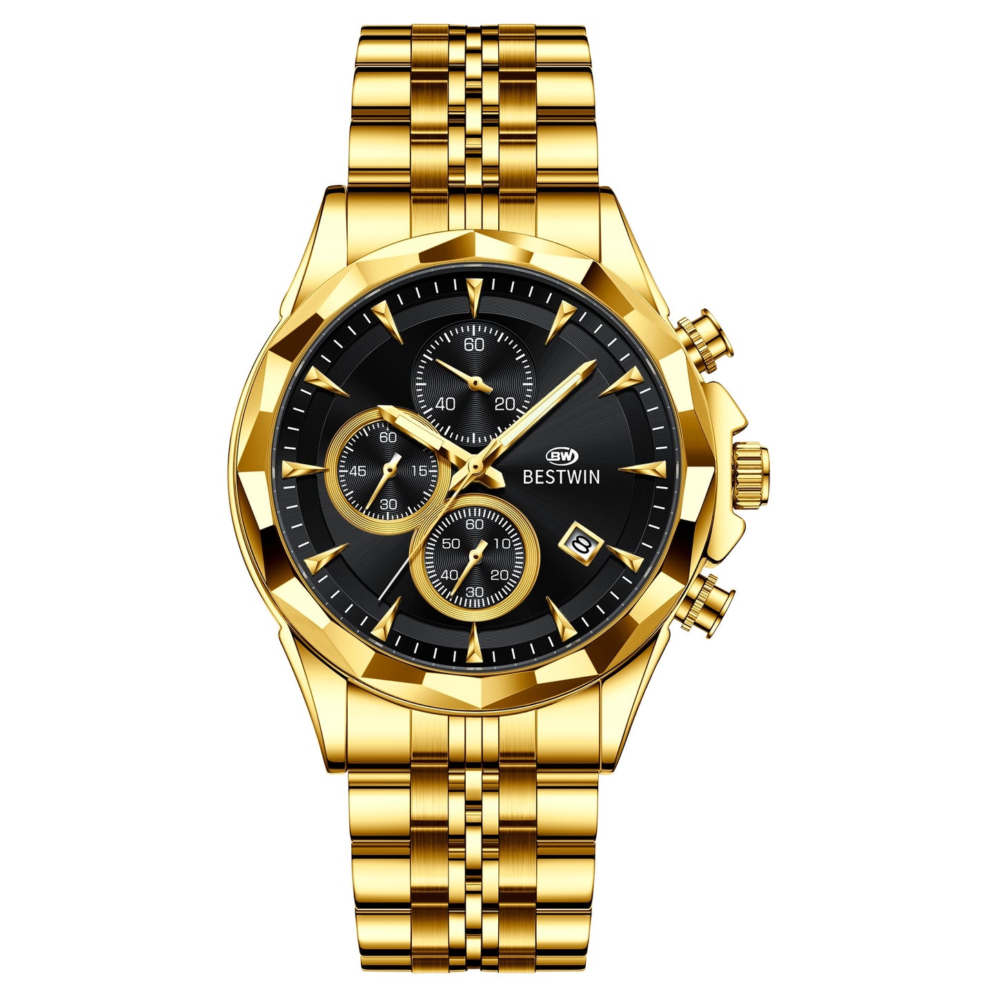 Men's Golden Heir luminous six-hand personalized watch with black shell dial, stylish and eye-catching design.