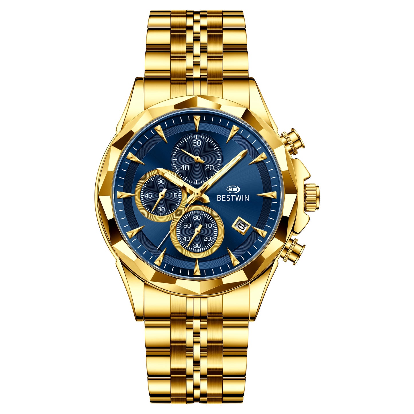 Golden Heir men's luminous six-hand personalized watch with a stylish black shell design, featuring eye-catching details.