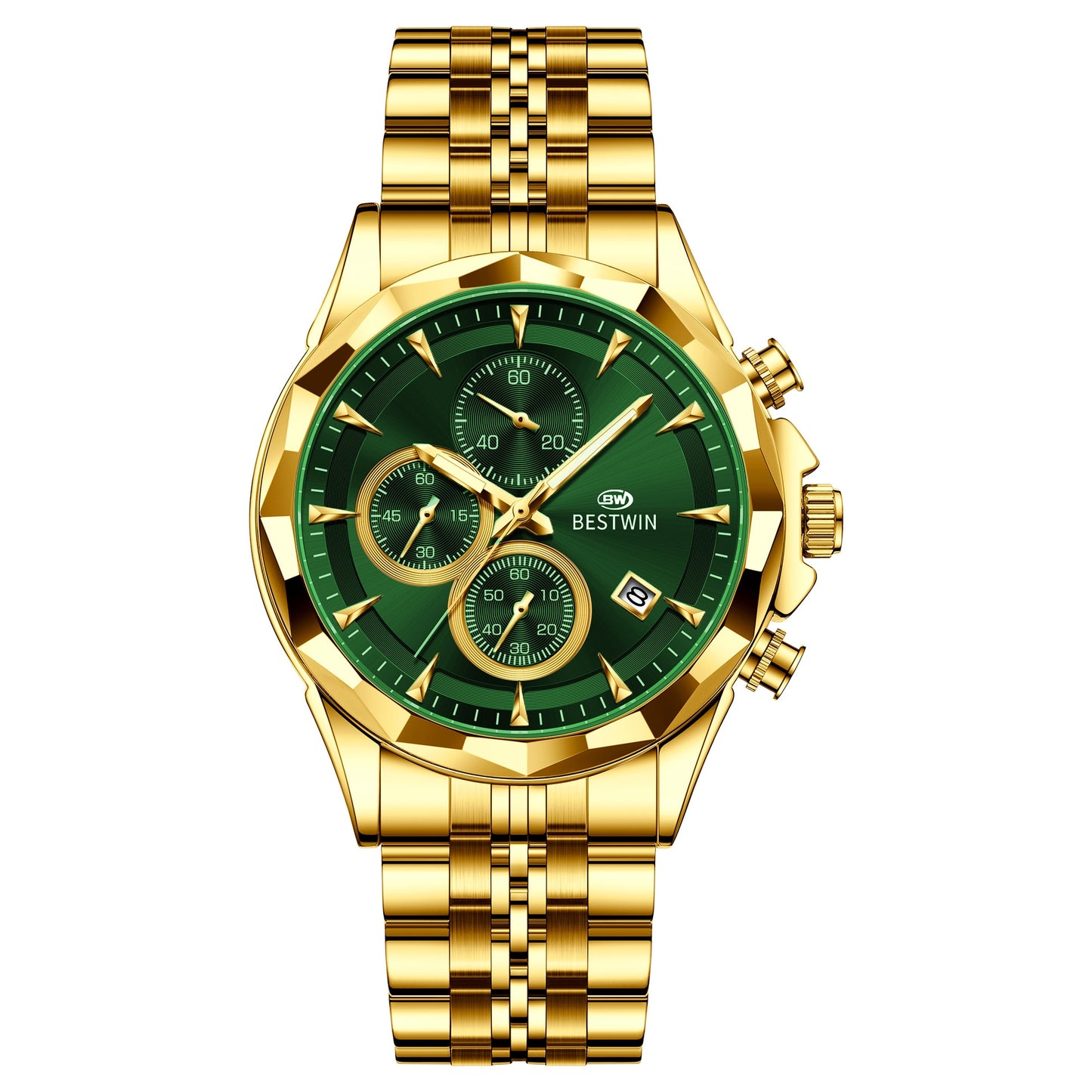 Golden Heir men's luminous six-hand personalized watch with black shell dial, stylish and eye-catching design.
