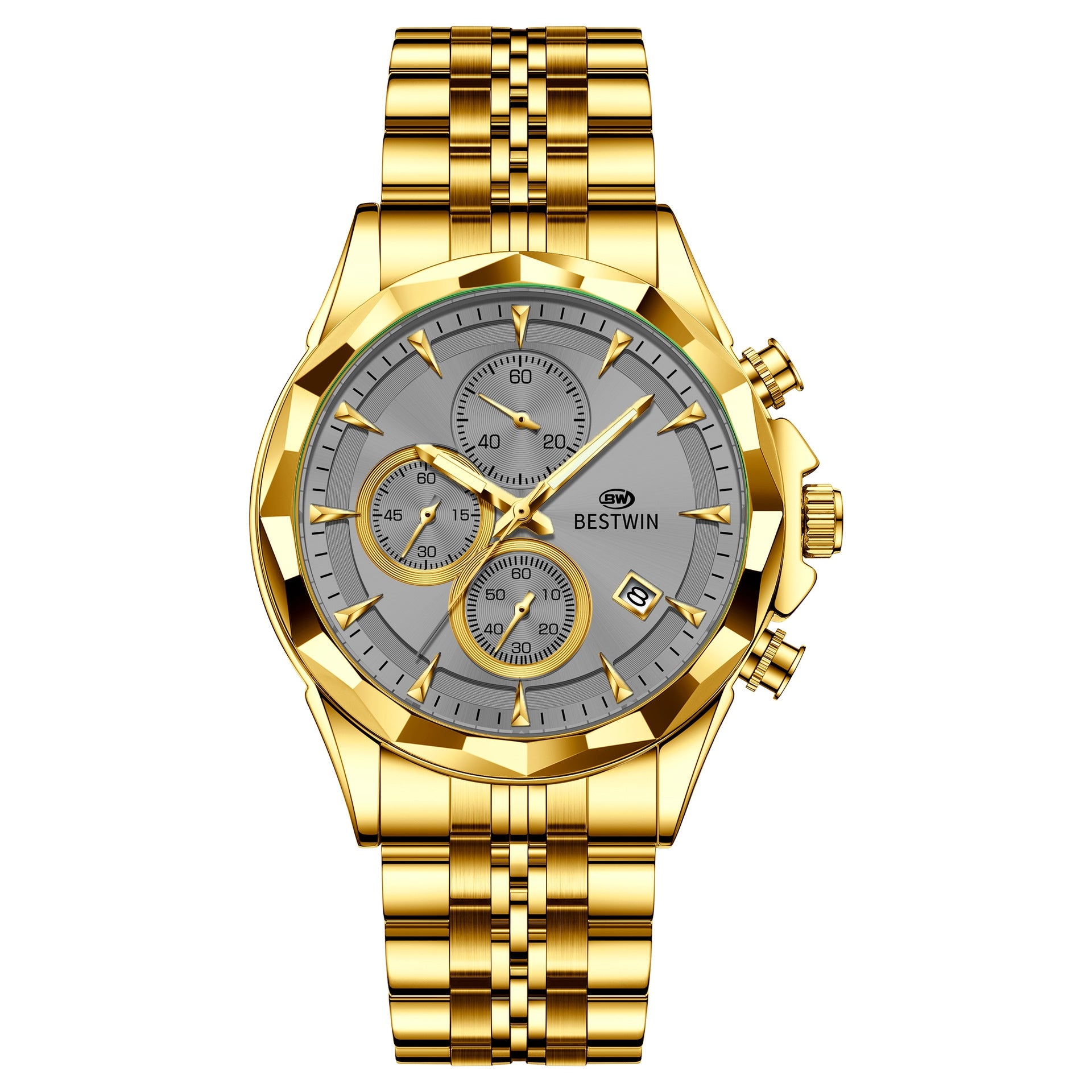Golden Heir men's luminous six-hand personalized watch with a sleek black shell design, stylish and eye-catching timepiece.