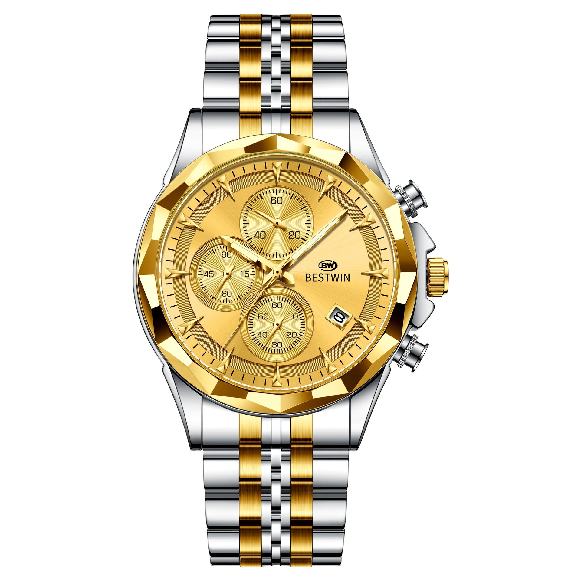 Golden Heir men's luminous six-hand personalized watch with a black shell design, stylish and eye-catching for everyday wear.