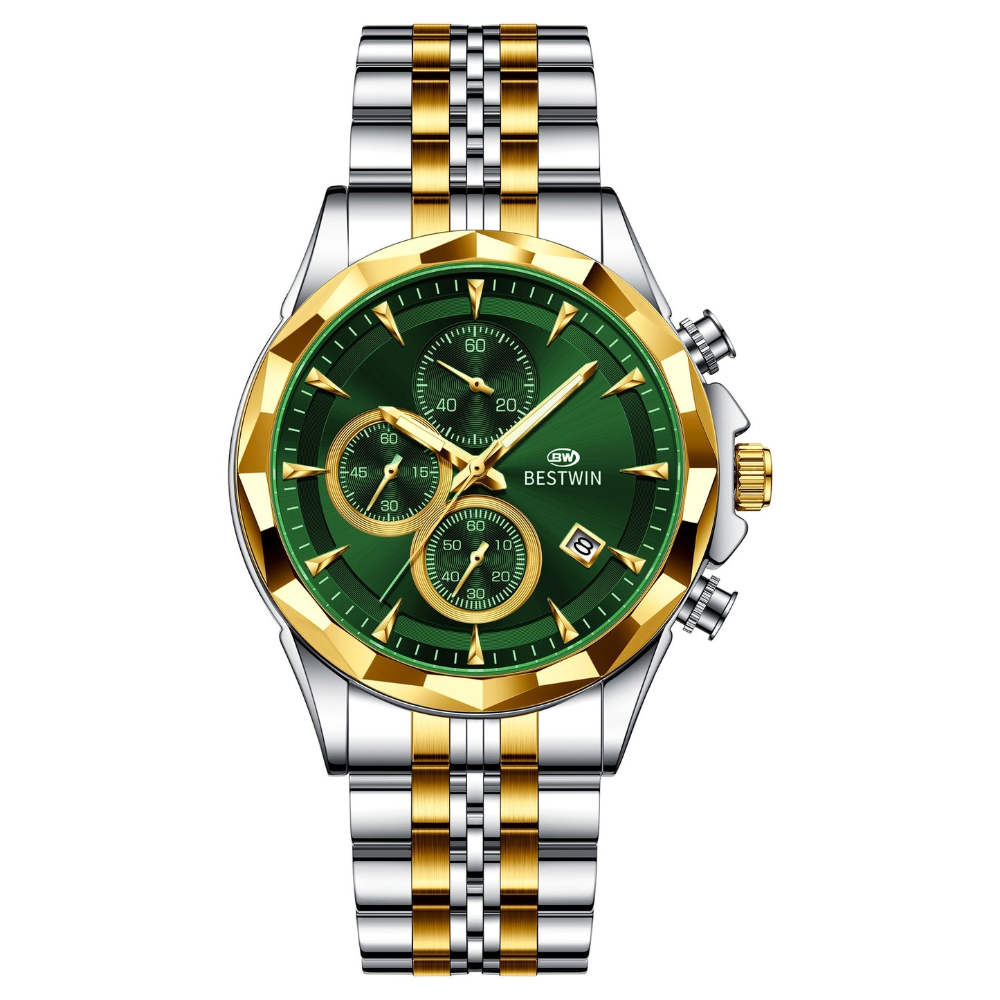 Golden Heir men's luminous six-hand personalized watch with black shell dial, stylish and eye-catching design.
