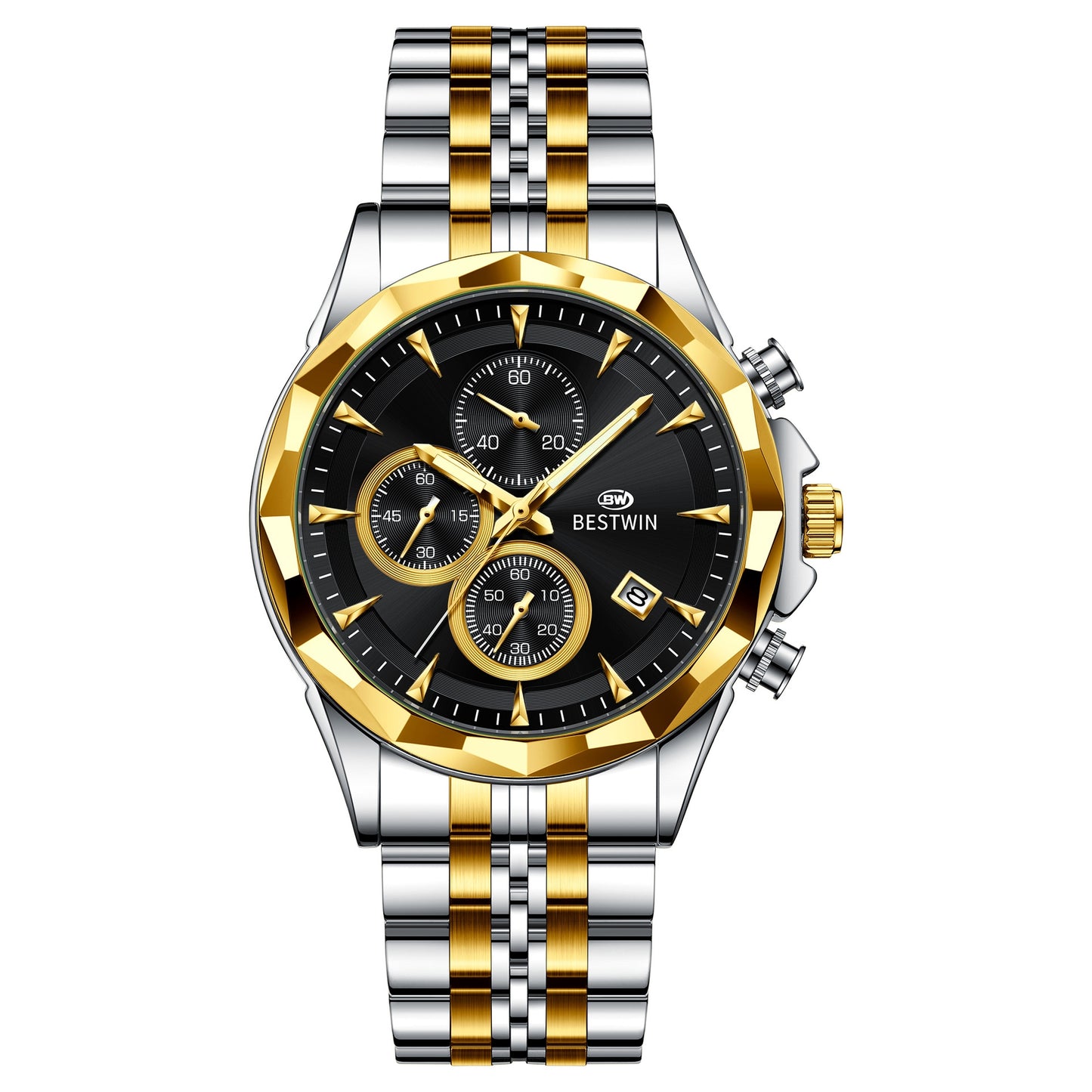 Golden Heir men's luminous six-hand personalized watch with black shell design, stylish and eye-catching on the wrist.