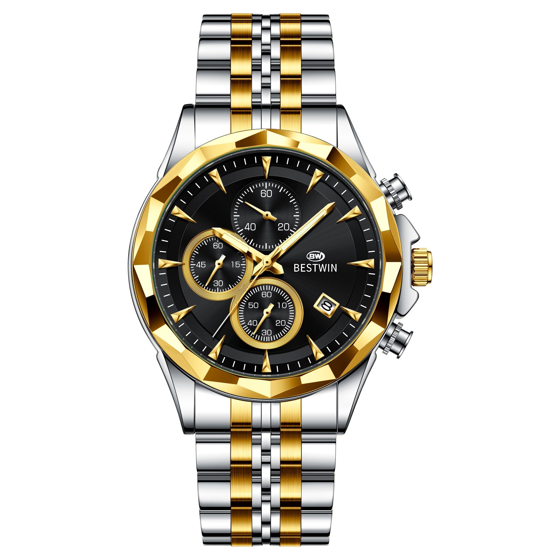 Golden Heir men's luminous six-hand personalized watch with black shell design, stylish and eye-catching on the wrist.