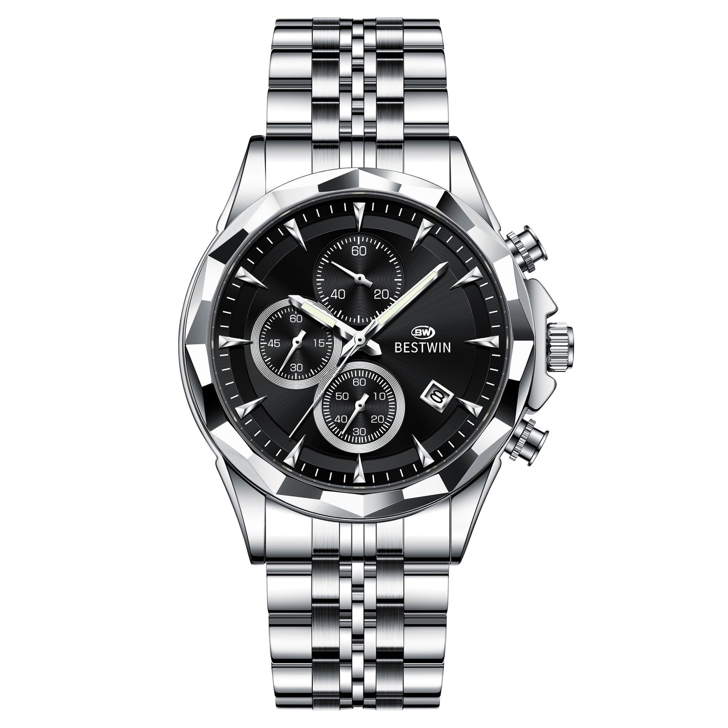 Golden Heir men's luminous six-hand personalized watch with a stylish black shell design and eye-catching details.