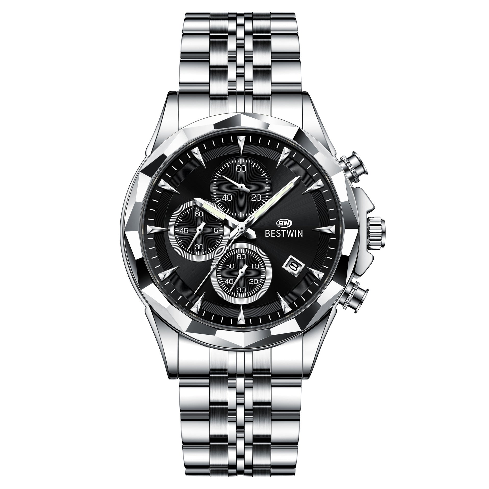 Golden Heir men's luminous six-hand personalized watch with a stylish black shell design and eye-catching details.