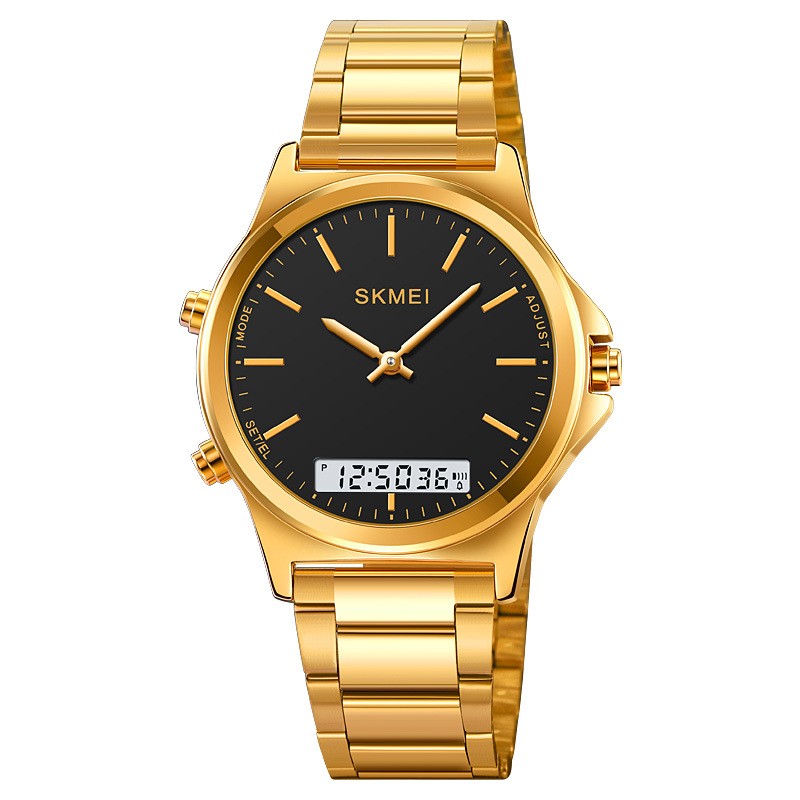 Golden Heir men's business-style steel-band watch with black dial and multi-function features, suitable for professional wear.