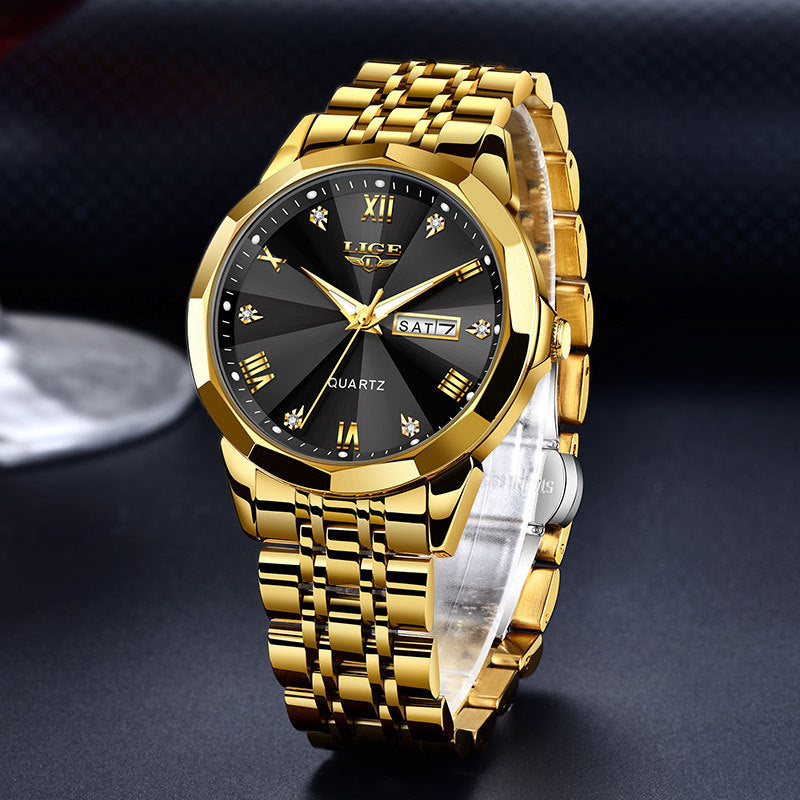 Golden Heir men's dual-calendar waterproof luminous quartz watch with gold, silver, and blue accents, featuring luminous dial details.