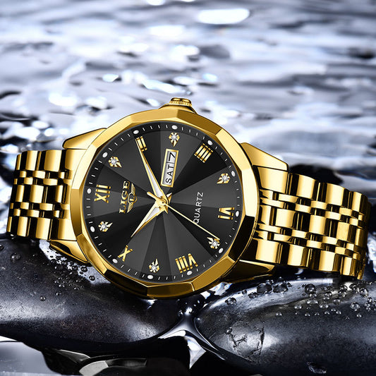 Golden Heir men's dual-calendar waterproof luminous quartz watch with gold, silver, and blue accents, featuring luminous hands and dial.