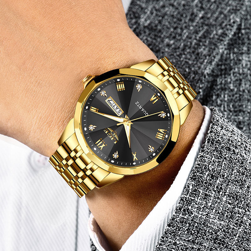 Golden Heir men's dual-calendar waterproof luminous quartz watch with gold, silver, and blue accents, featuring luminous dial and durable design.