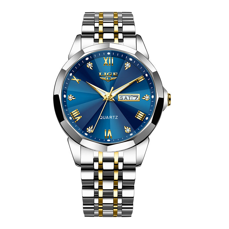 Golden Heir men's dual-calendar waterproof luminous quartz watch with gold, silver, and blue accents, featuring a sleek watch face.