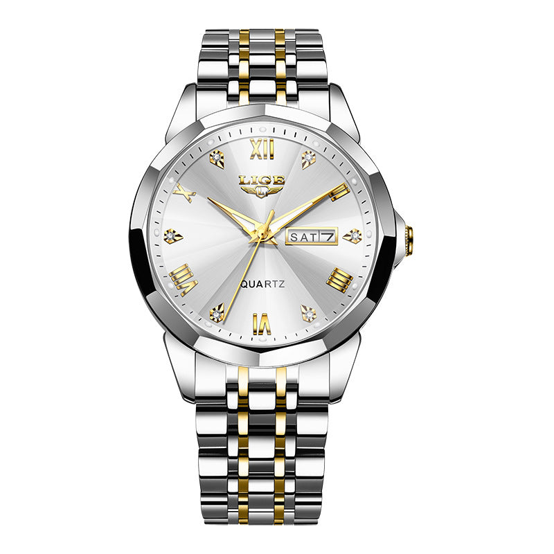 Golden Heir men's waterproof luminous quartz watch with dual calendar display in gold, silver, and blue colors.