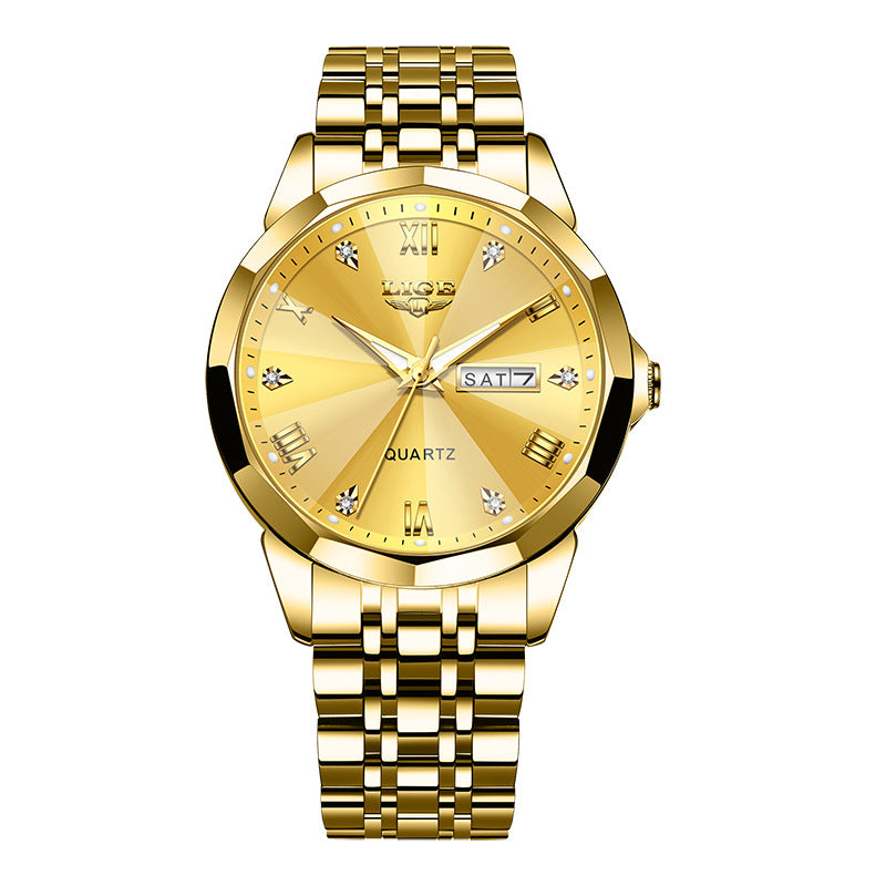 Golden Heir men's waterproof luminous quartz watch with dual calendar display in gold, silver, and blue accents.