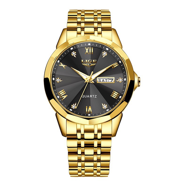 Golden Heir men's waterproof luminous quartz watch with dual calendars, gold, silver, and blue accents, showcasing a stylish timepiece.