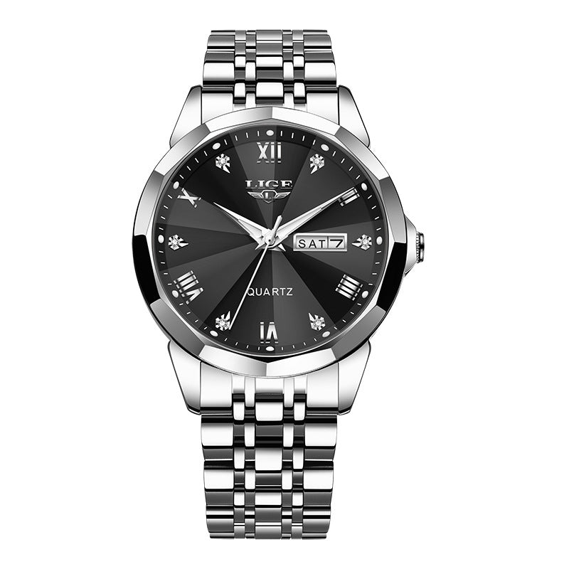 Golden Heir men's dual-calendar waterproof luminous quartz watch with gold, silver, and blue details, displaying time and date functions.