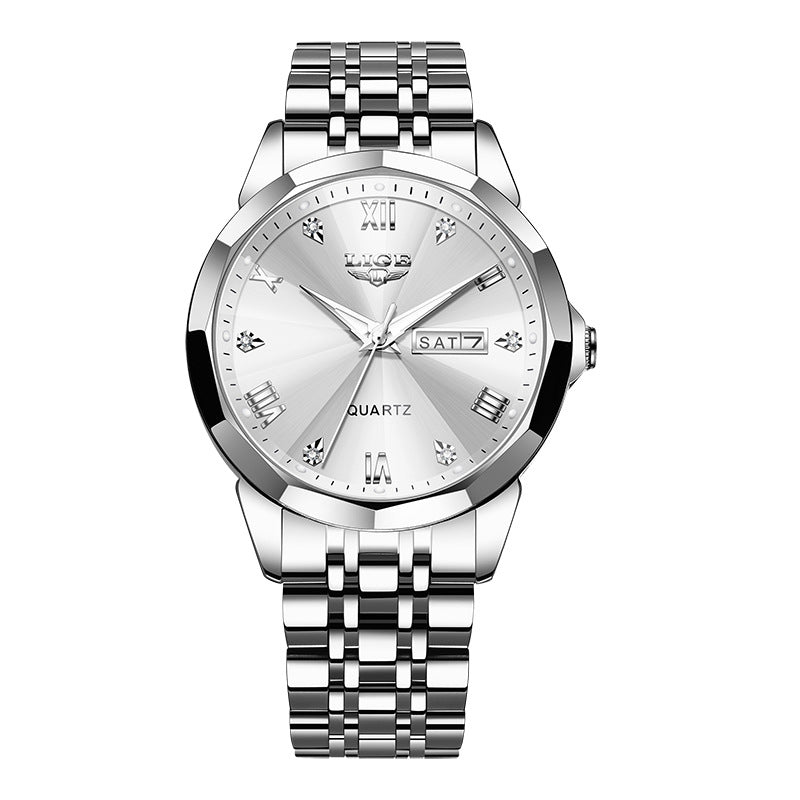 Golden Heir men's dual-calendar waterproof luminous quartz watch with gold and silver finish and blue dial.