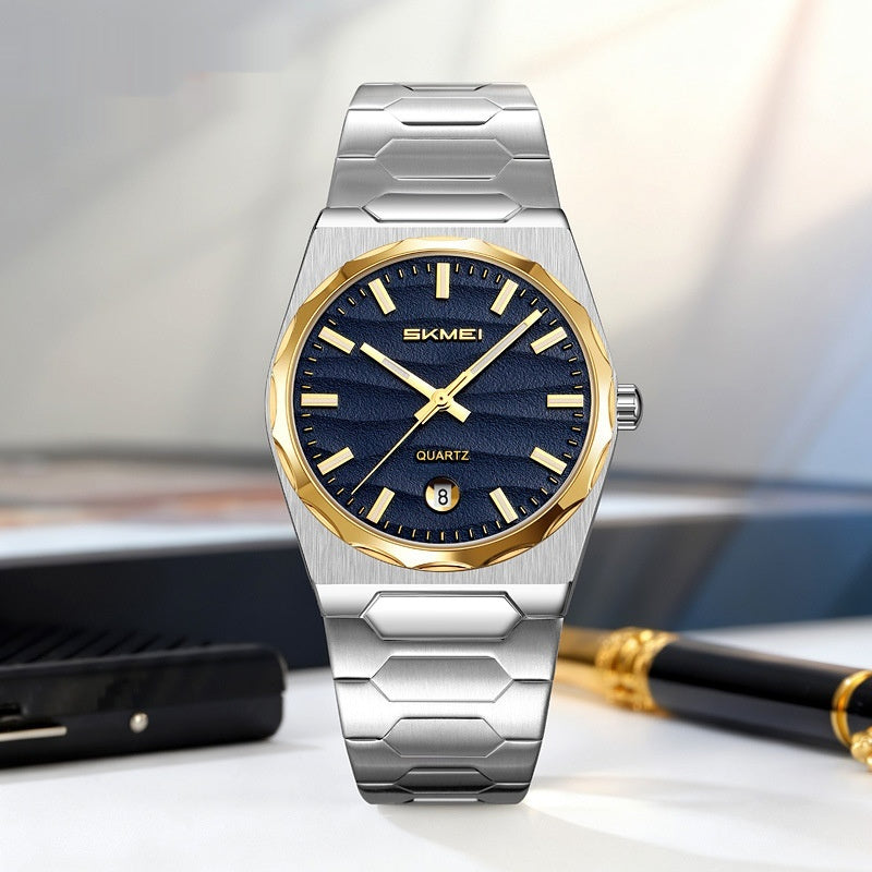 Men's Golden Heir watch with steel band, blue dial, and calendar function, showcasing a sleek and elegant design.