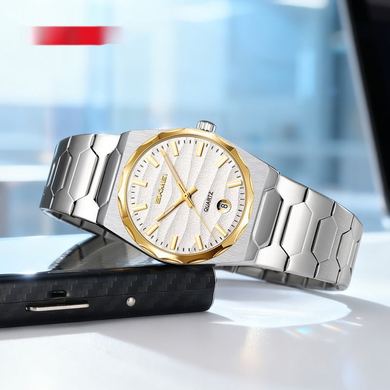 Golden Heir men's watch with a steel band, gold shell, blue surface, and calendar function, showcasing a sleek, stylish design.