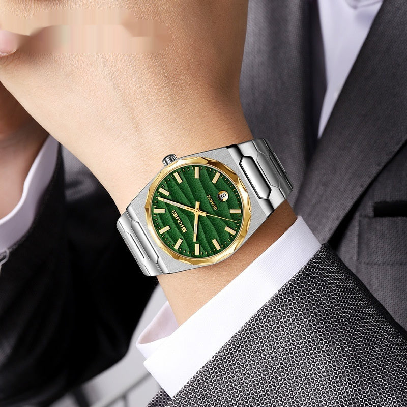 Golden Heir men's watch with a steel band, gold shell, blue dial, and calendar function, showcasing a stylish and functional timepiece.