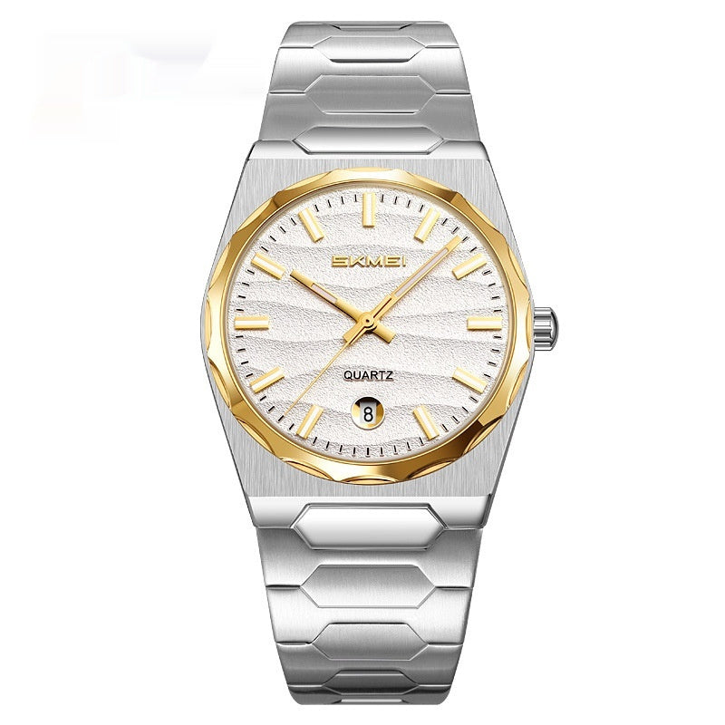 Golden Heir men's watch with a steel band, gold shell, blue face, and calendar function, showcasing a stylish and functional design.