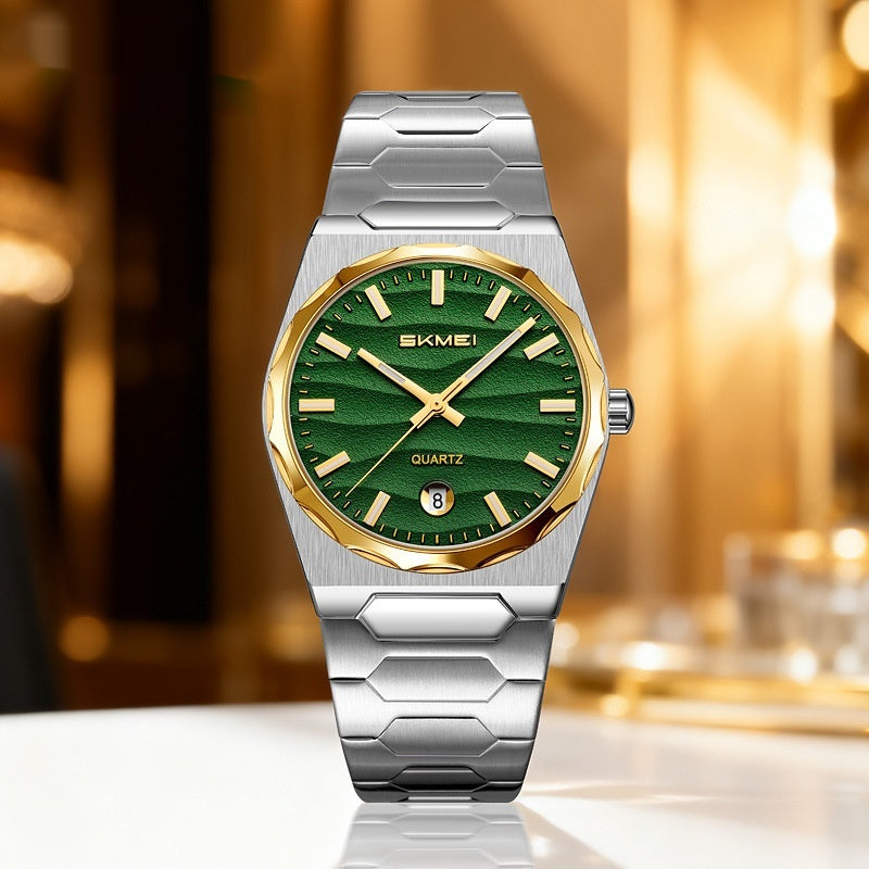 Golden Heir men's watch with a steel band, gold shell, blue surface, and calendar function.